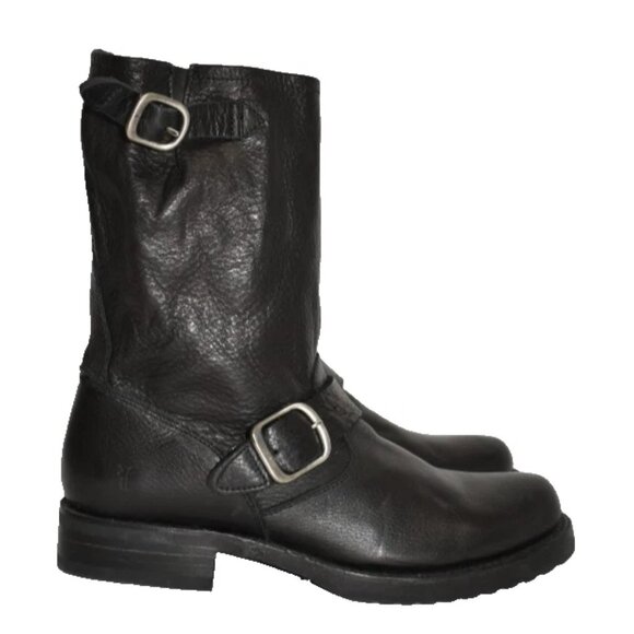 NEW $350 FRYE Veronica Short Slouchy Boot MOTO BIKER BLACK LEATHER 7.5 (2) (MG30 - Picture 1 of 6